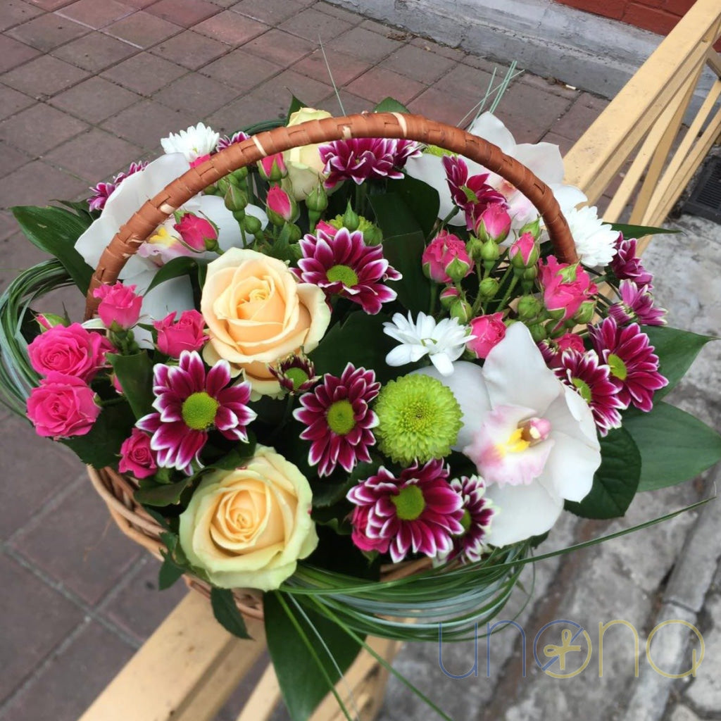 Romantic flower basket for a woman in Ukraine