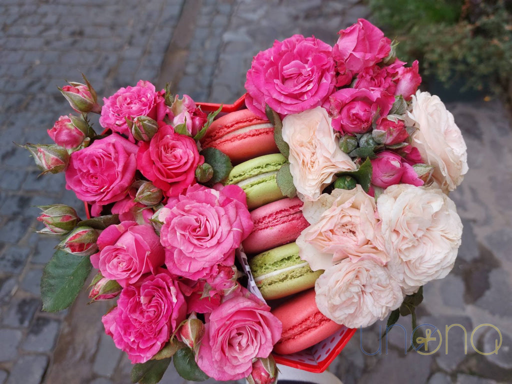 Romantic roses and macarons gift box for her