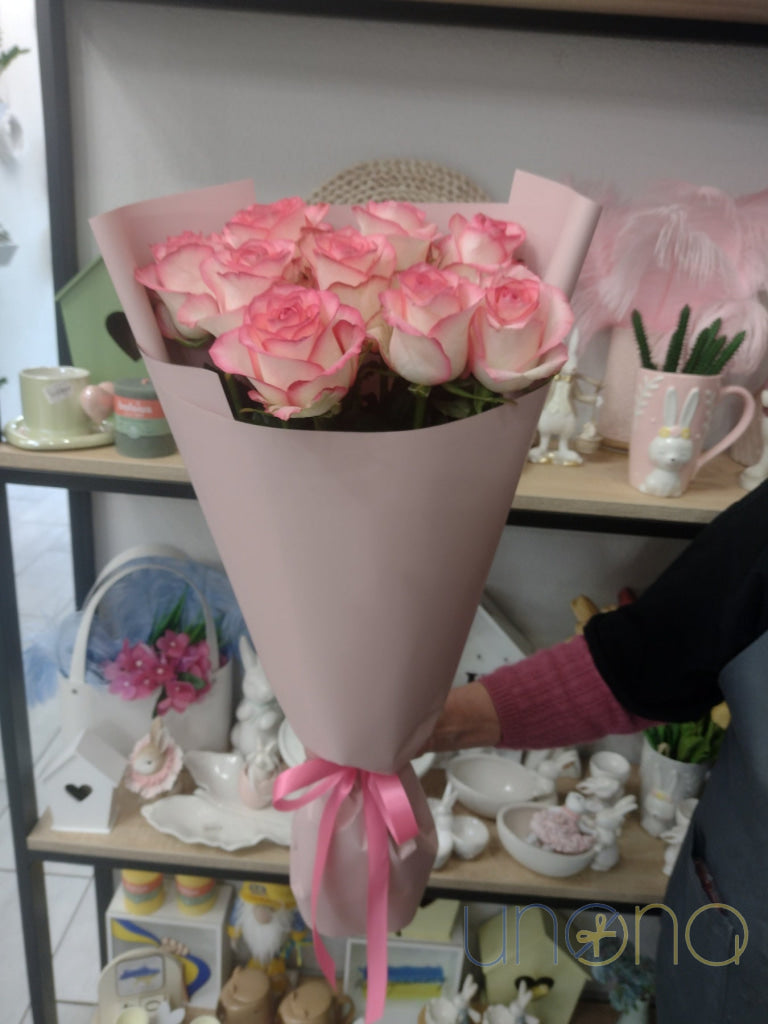 Romantic pink flower delivery with 9 red roses across Ukraine