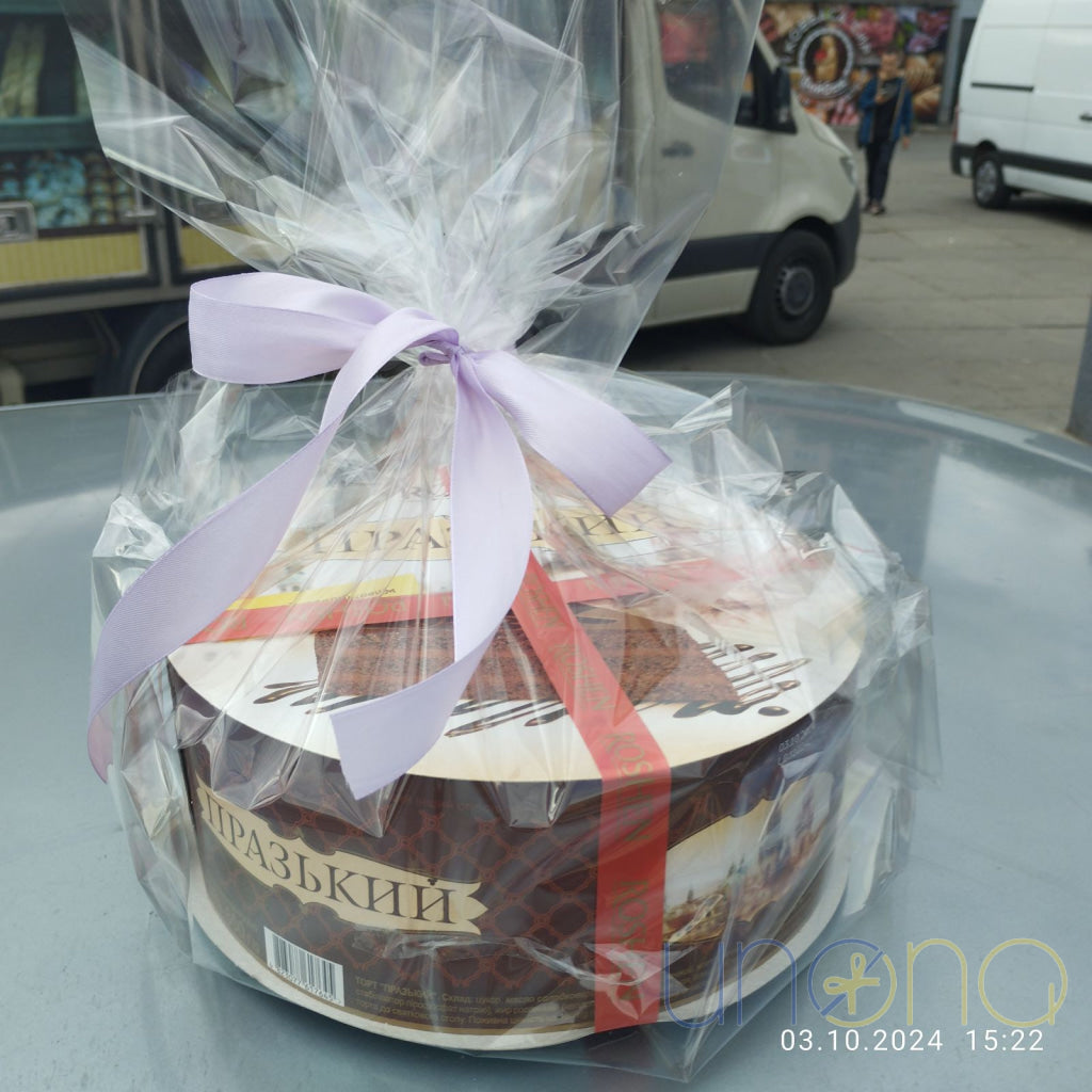 Rich Roshen chocolate Prague Cake with apricot jam and chocolate glaze