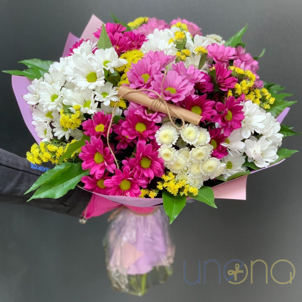 Pink white and yellow chrysanthemums bouquet delivered in Ukraine