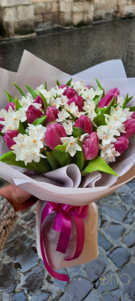 13 daffodils and 17 pink tulips bouquet Sumy Ukraine