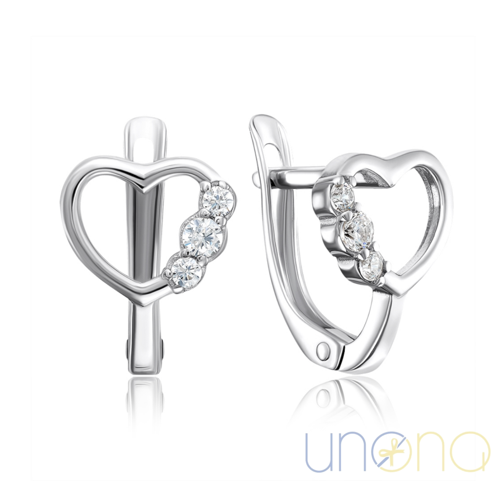 Sterling silver heart earrings with cubic zirconia, Ukraine