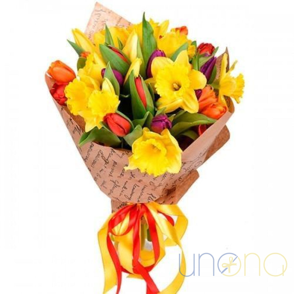 Tulips and daffodils bright spring bouquet delivery Ukraine