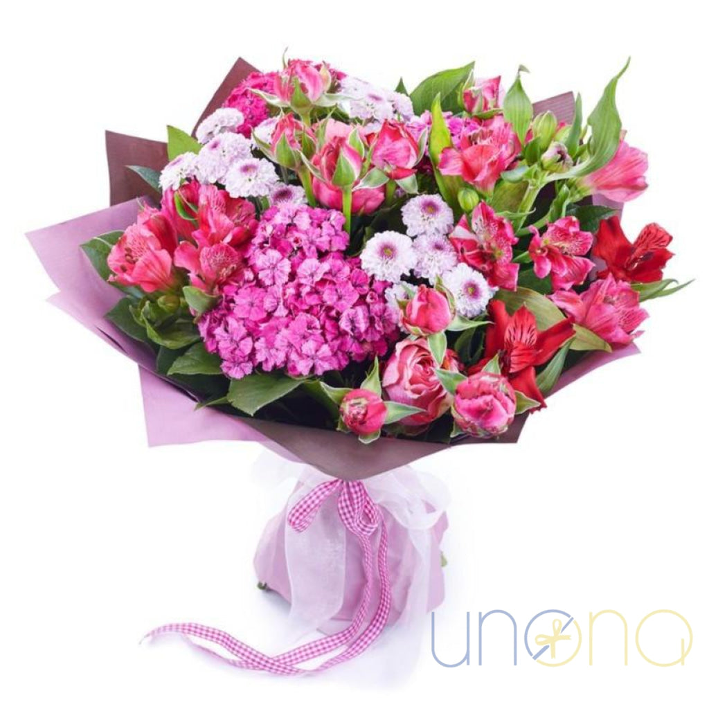 Summer Pink Mix Bouquet – roses, alstroemerias, asters & chrysanthemums – send flowers to Ukraine