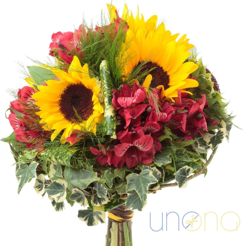 Sunflower and red alstroemeria bouquet for delivery in Ukraine