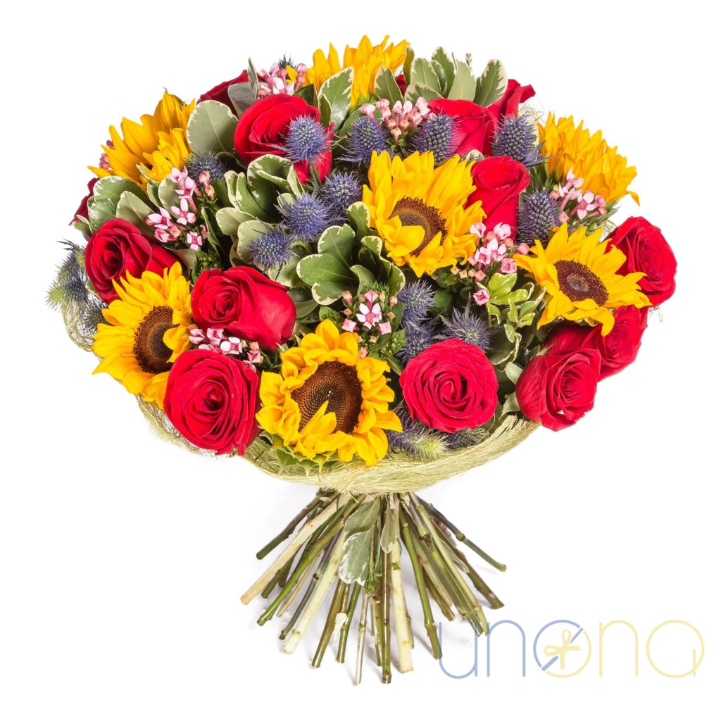 Sunflower and red rose bouquet for delivery in Ukraine