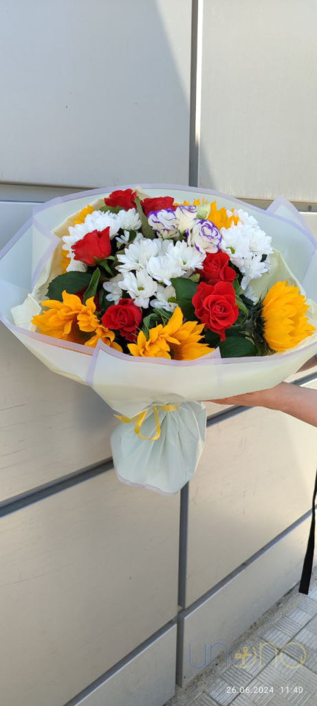 Romantic sunflower and red rose bouquet for her in Ukraine