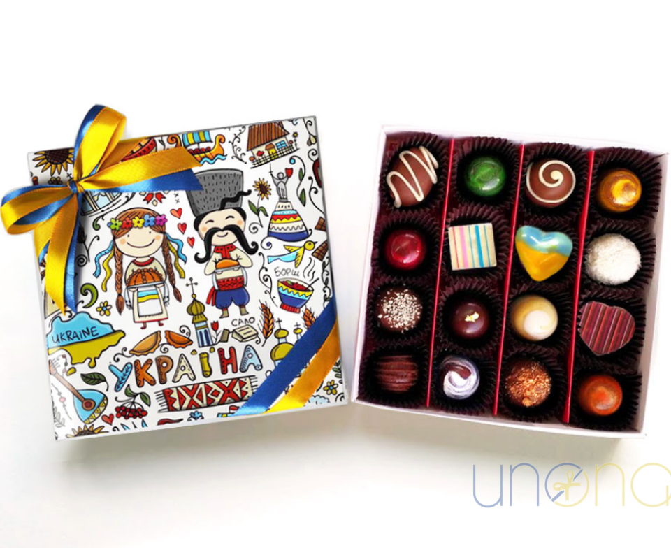 Sweet Greetings From Ukraine artisan chocolate gift box with 16 handmade chocolates in Ukrainian-themed packaging