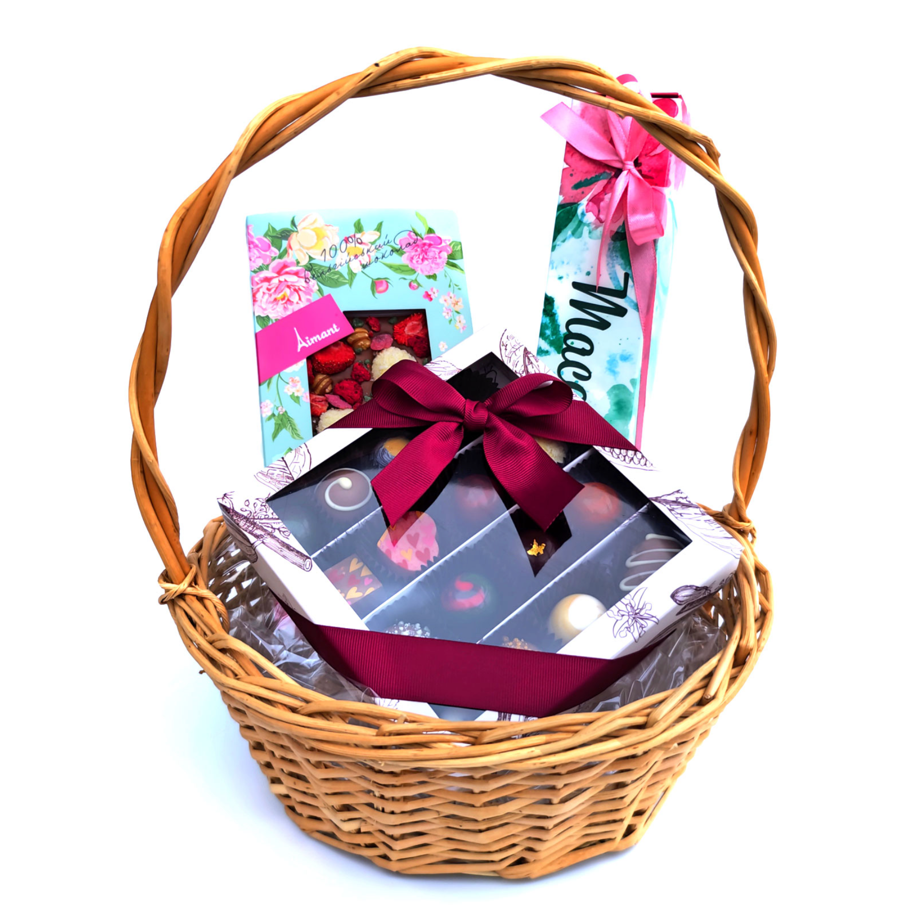 Sweet Moments Chocolate Basket with artisan chocolates and macarons