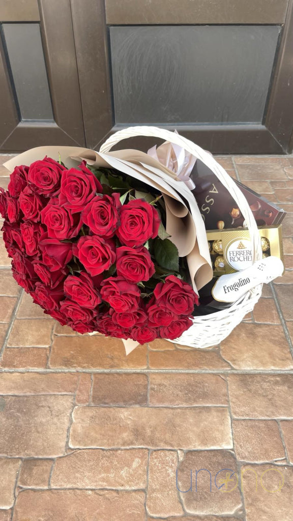Sweet Surprise Gift Basket with 39 roses, sparkling wine and premium chocolates