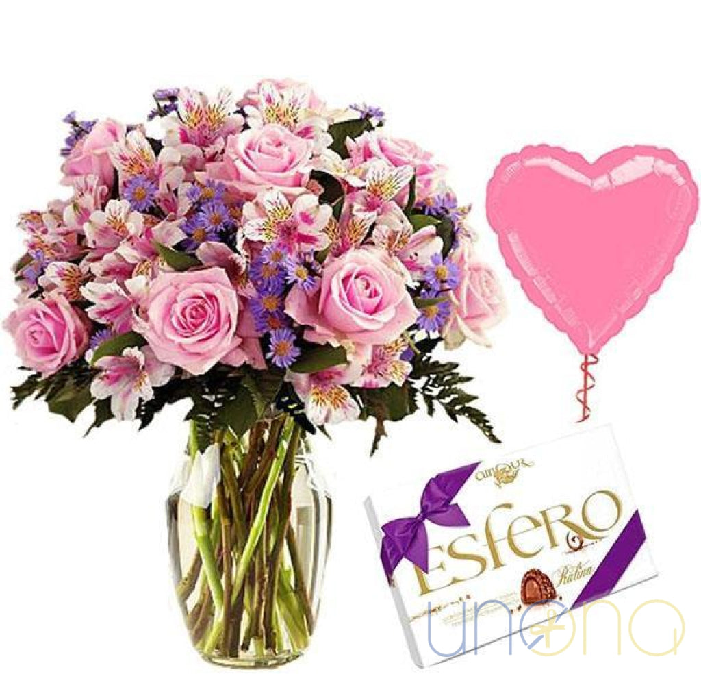 Sweet Tenderness Gift Set – roses, alstroemerias & asters with chocolates – send flowers to Ukraine