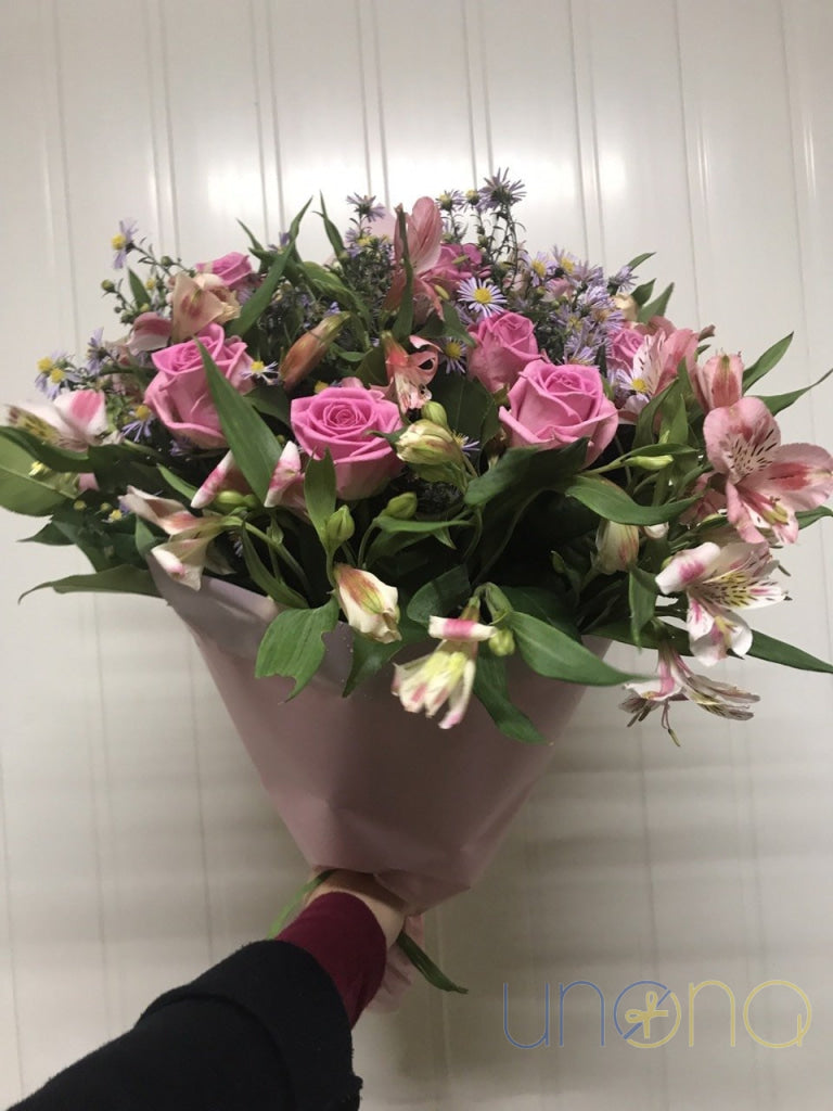 Pink roses and alstroemerias bouquet with chocolates & pink heart-shaped balloon – send flowers to Ukrainian woman