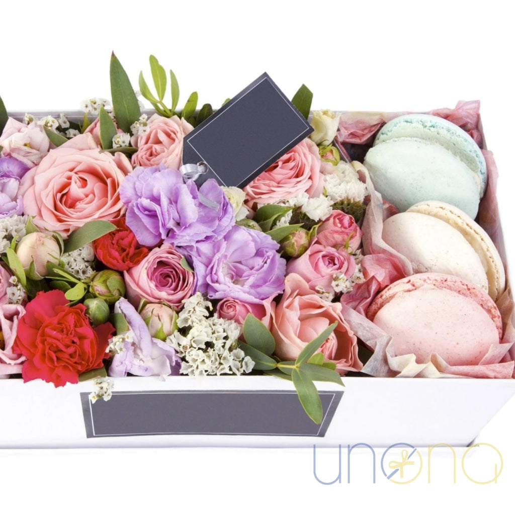 Tender Beauty Gift Box with pastel roses, lisianthus, and French macarons delivery in Ukraine