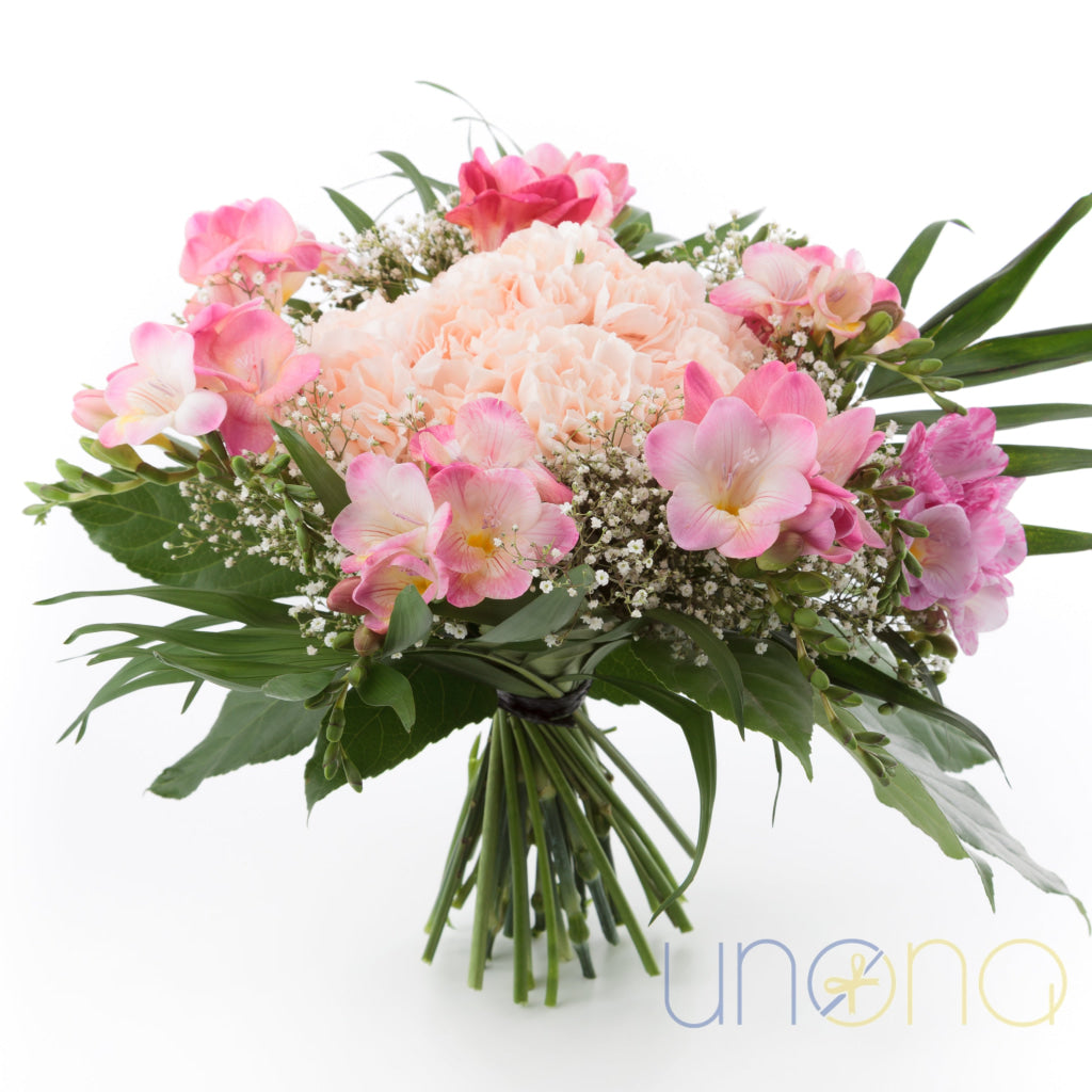 Bouquet of pink freesia and carnations with greenery – flowers delivery in Ukraine