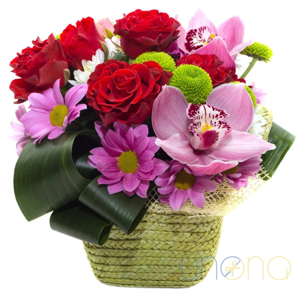 Tender Surprise – Roses, Orchids & Chrysanthemums Basket