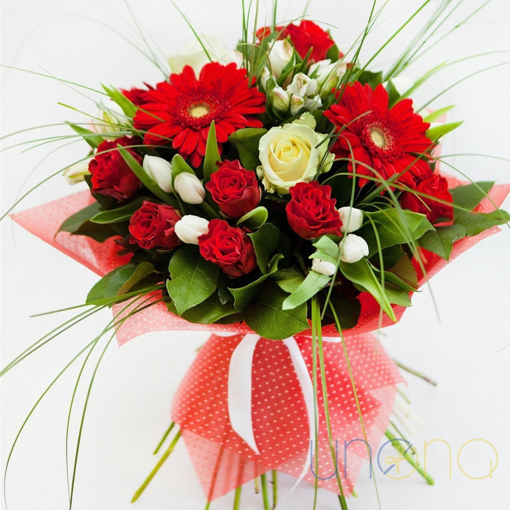 Red roses gerberas and white tulips bouquet delivery Ukraine