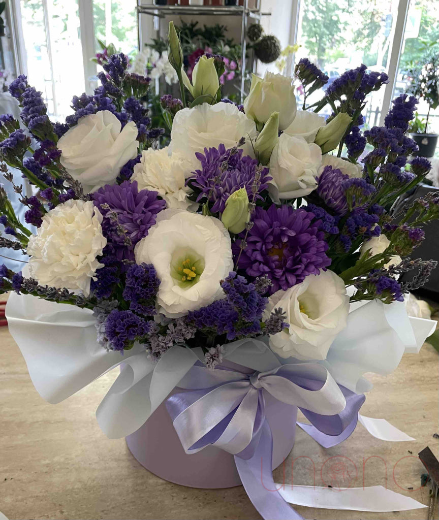 Unmatched Shine Arrangement – Asters Sea Lavender Carnations & Eustoma asters