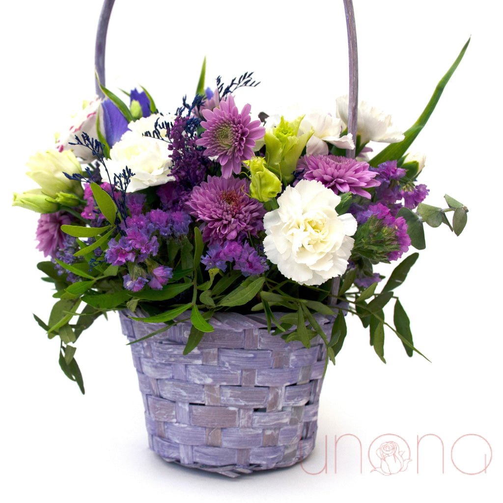 Unmatched Shine Arrangement – asters, carnations, eustoma & greens in a basket – send flowers to Ukraine