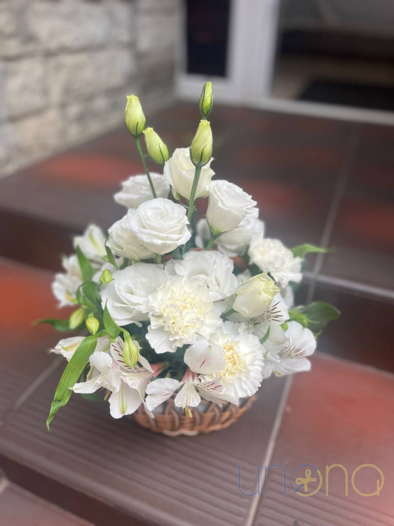 Elegant white flower basket with gladioluses, carnations, and alstroemerias – Ukraine gift delivery