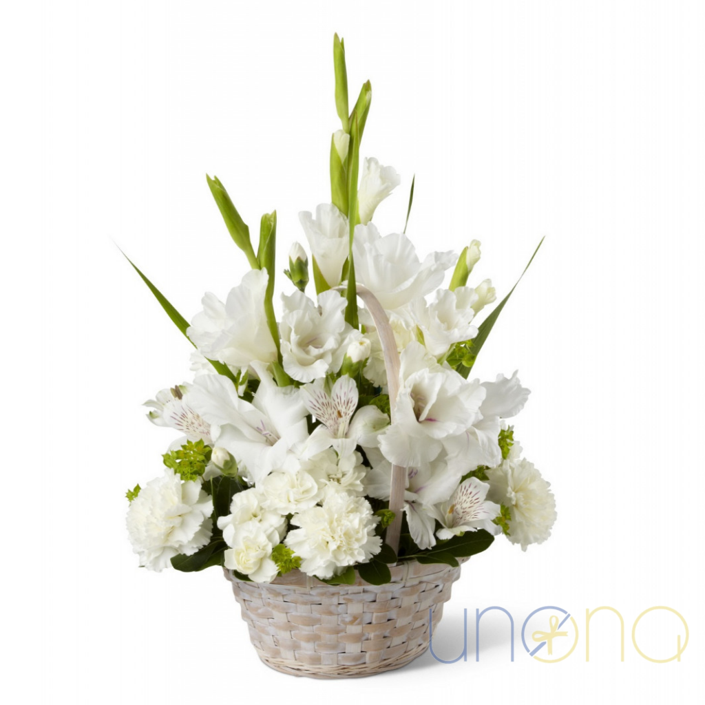 White gladioluses, carnations and alstroemerias in a cute basket – flower delivery Ukraine