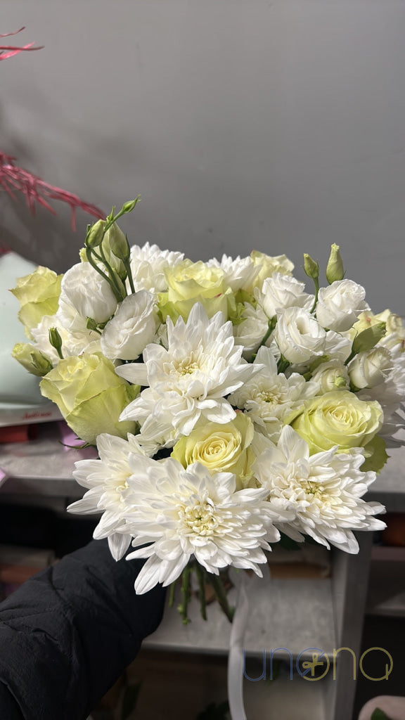 White roses, eustoma and chrysanthemums bouquet delivered in Ukraine
