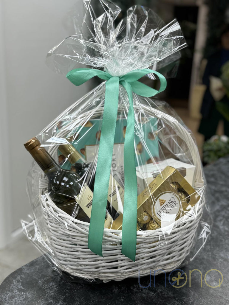 Elegant wine and chocolate surprise gift basket for delivery in Ukraine