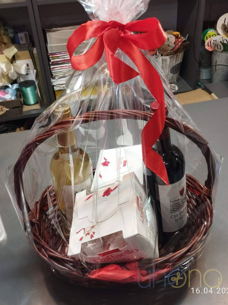 Wine gift basket with gourmet chocolates available for delivery throughout Ukraine