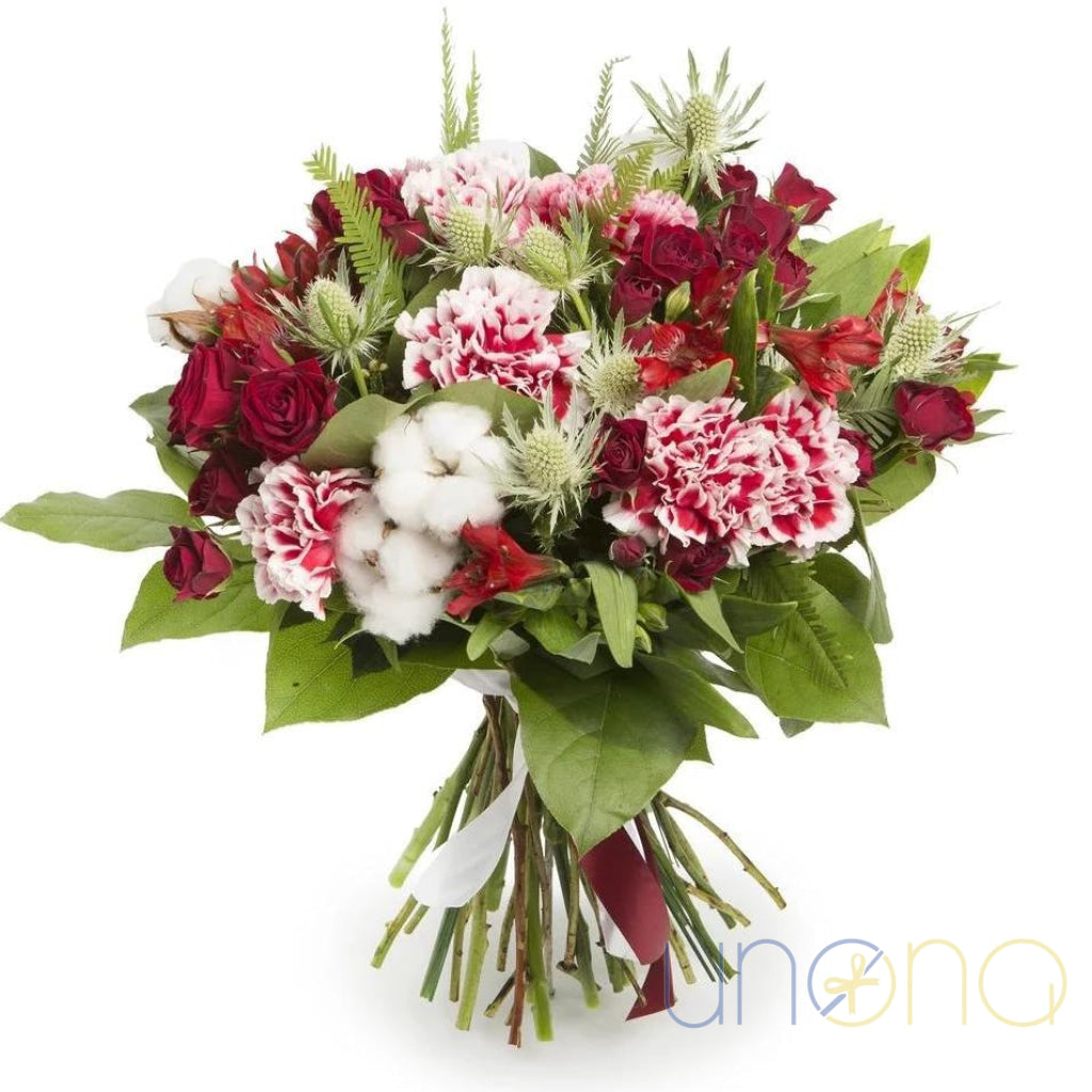 Winter Warmer Bouquet with red roses carnations and cotton Ukraine flowers