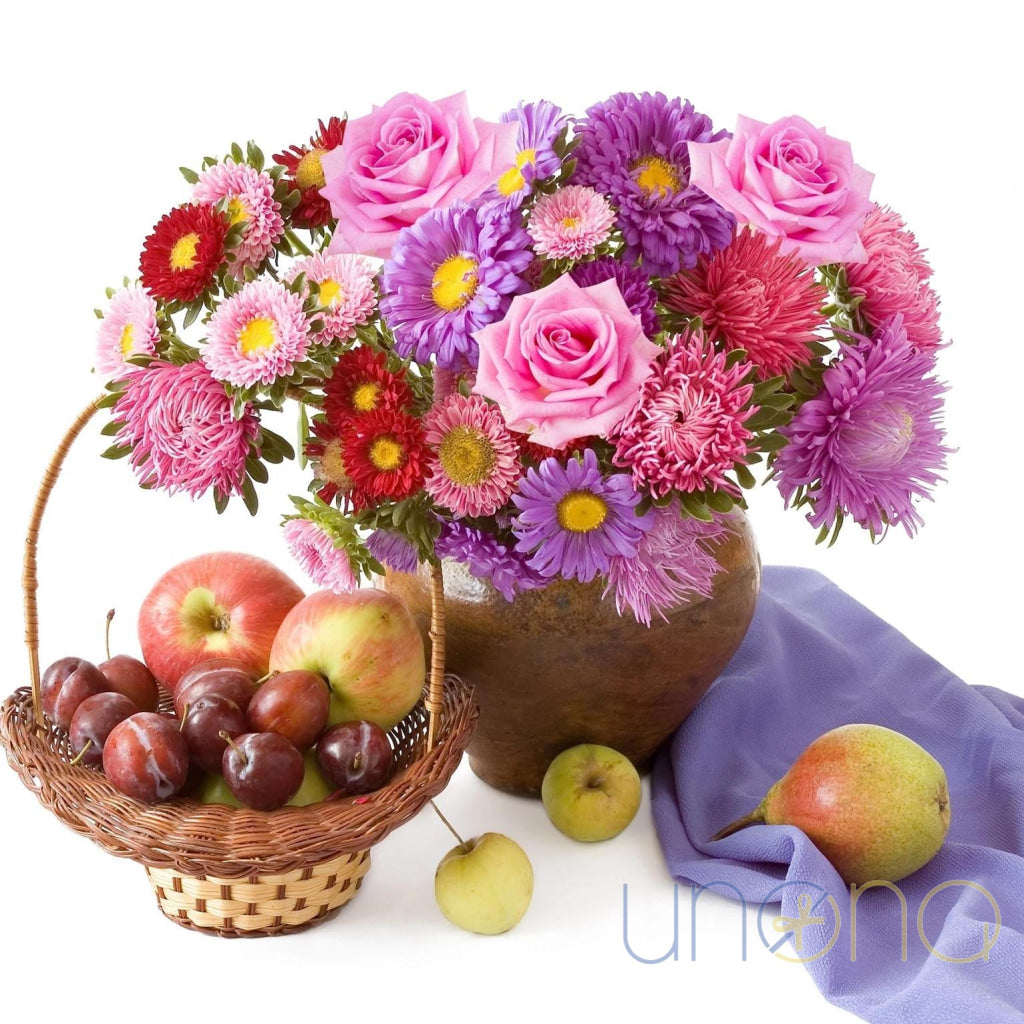 With Love from Fall Gift Set – roses, asters & fresh fruit tray for delivery in Ukraine