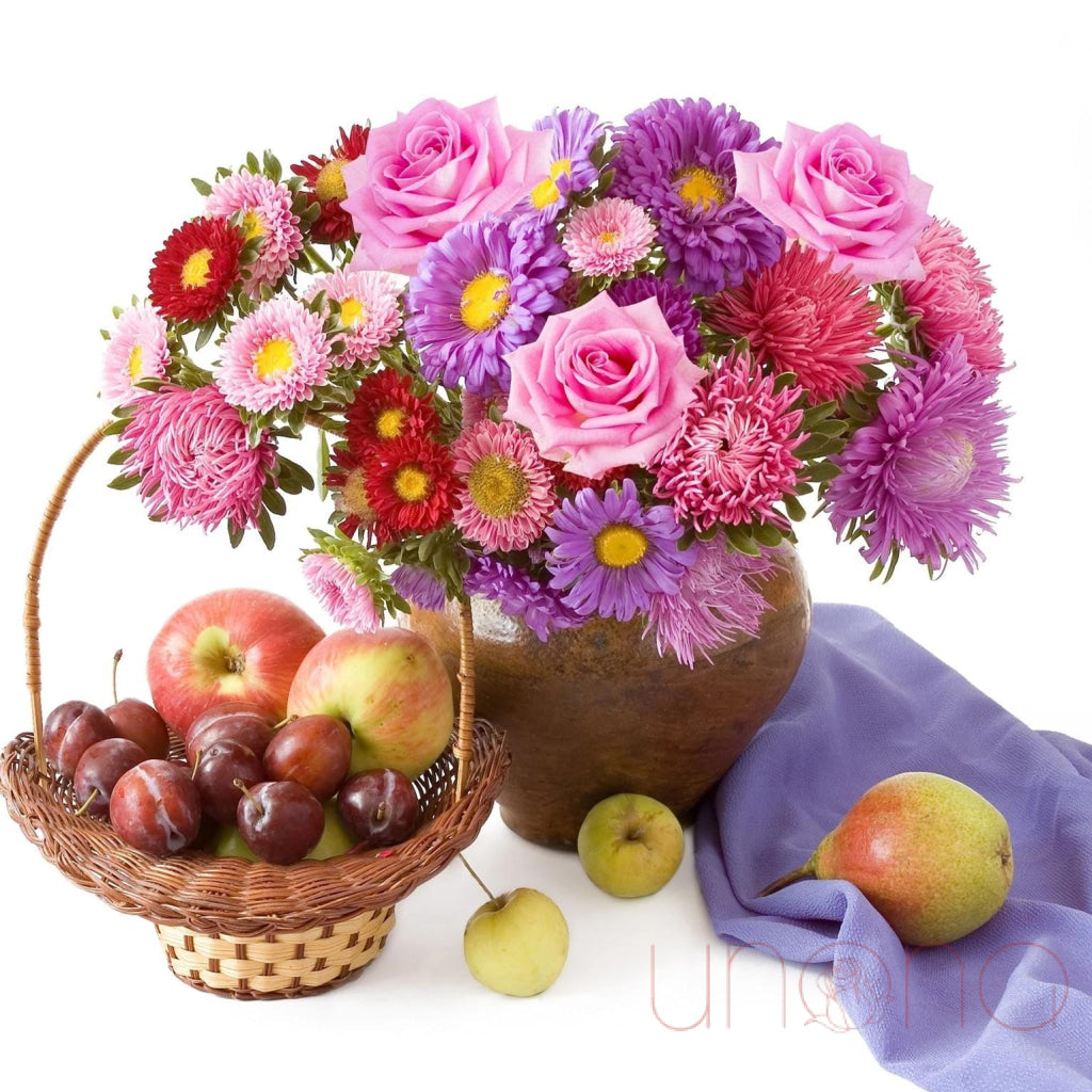 With Love from Fall Gift Set – roses, asters & fresh fruit tray for delivery in Ukraine